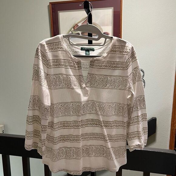 Lauren Ralph Lauren 3/4 Sleeves White and Gold Patterned V-Neck Top Small #312 - Picture 1 of 7